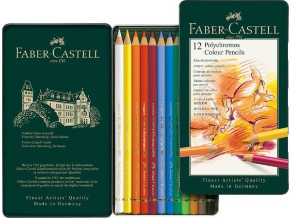 Matite colorate permanenti Faber Castell Polychromos mina 3,8 mm box metallo - colori assortiti conf. 12 pezzi - 110012