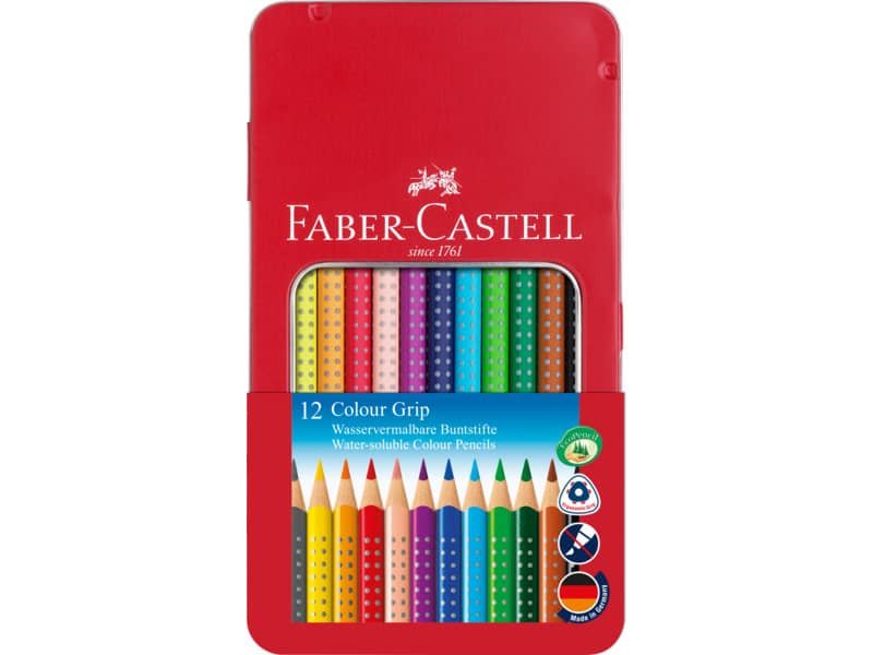 Matite colorate Faber-Castell Colour Grip astuccio di metallo – colori assortiti – conf. 12 pezzi – 112413