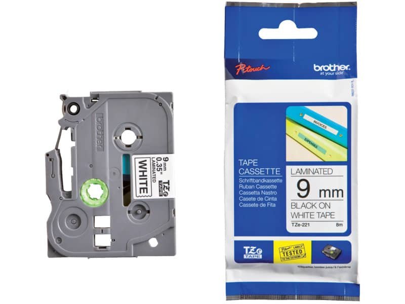 Nastro laminato per etichettarice – nero/bianco Brother 9 mm x 8 mt TZe-221