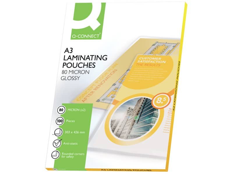 Pouches per plastificatrici Q-Connect 2×80 æm finitura lucida A3 Conf. 100 pezzi – KF04122
