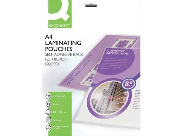 Pouches autoadesive per plastificatrici Q-Connect 2x125 æm finitura lucida A4 Conf. 25 pezzi - KF24056