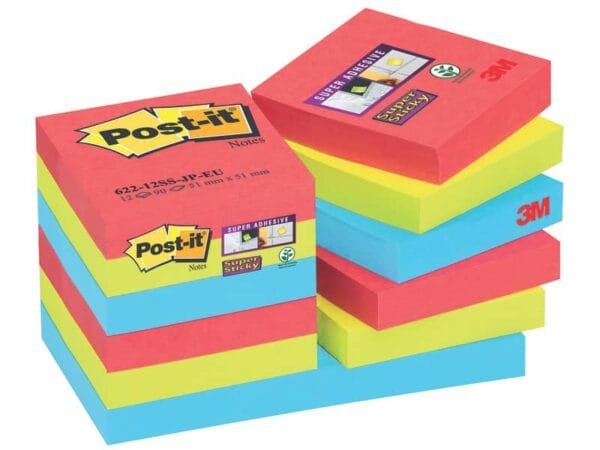 Foglietti riposizionabili Post-it© Super Sticky Bora Bora 47,6x47,6 mm assortiti conf. 12 blocc. da 90 ff - 622-12SS-JP