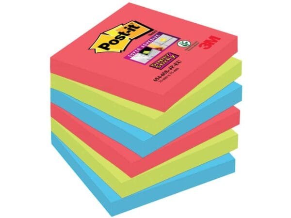Foglietti riposizionabili Post-it© Super Sticky Bora Bora 76x76 mm assortiti conf. 6 blocchetti da 90 ff - 654-6SS-JP
