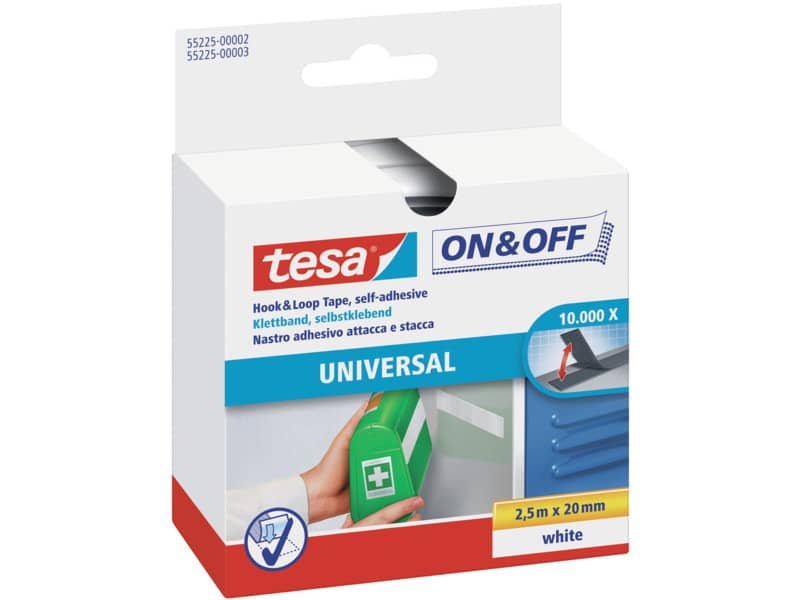 Nastro adesivo in tela tesa velcro On&Off universale autoadesivo bianco 20 mm x 2,5 m – 55225-00002-01