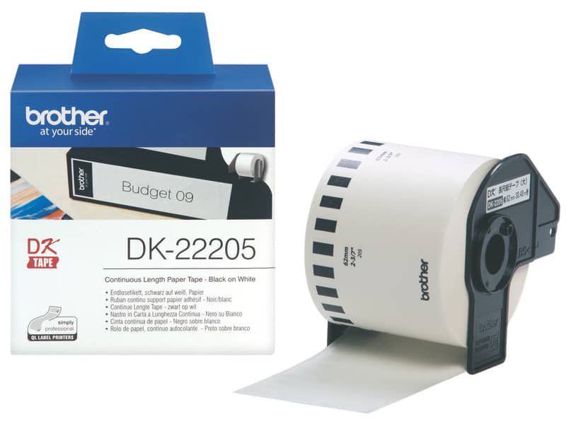 Rotolo di etichetta continua in carta adesiva nero/bianco Brother 62 mm x 30,48 mt – DK22205