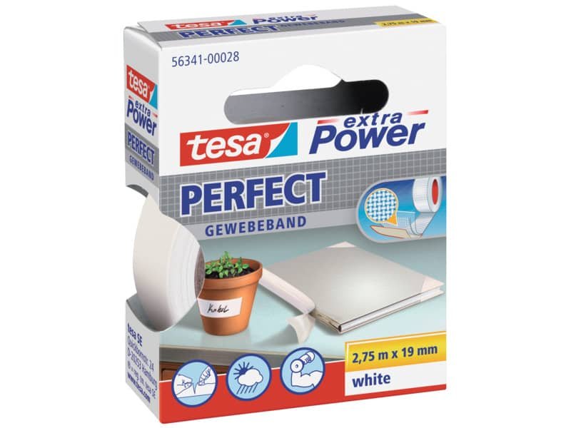 Nastro adesivo in tela tesa extra Power©Perfect plastificato 19 mm x 2,75 m bianco – 56341-00028-03