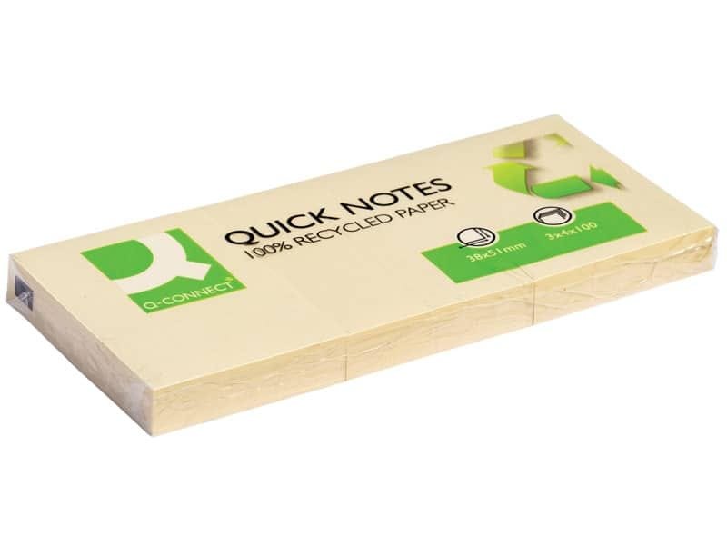 Foglietti riposizionabili Q-Connect 100% materiale riciclato 65 g/mý giallo 38×51 mm  12 blocchetti da 100 ff – KF22367