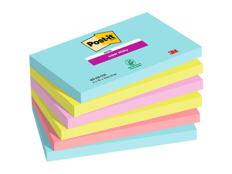 Foglietti riposizionabili Post-it© Super-Sticky Miami 76x127mm assortiti conf. 6 blocch. da 90 ff – 655-6SS-MIA