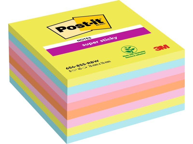 Foglietti Post-it© Super-Sticky Notes 76×76 mm assortiti arcobaleno – conf. 8 blocchetti da 45 ff – 654-8SS-RBW-EU