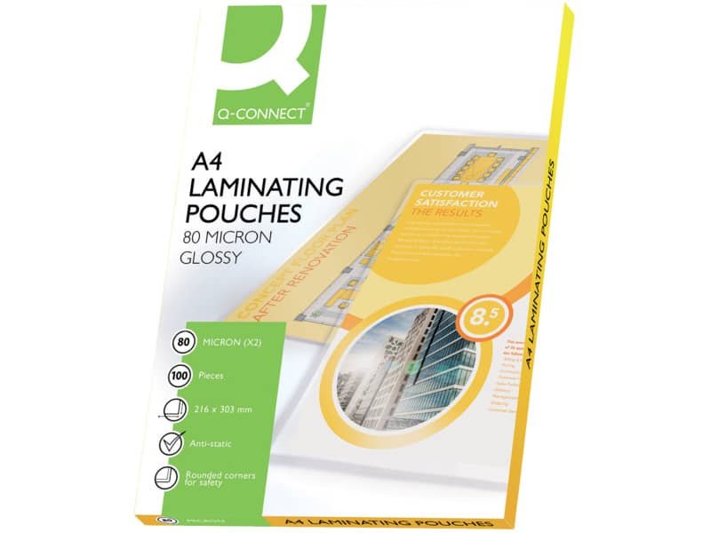 Pouches per plastificatrici Q-Connect 2×80 æm finitura lucida A4 Conf. 100 pezzi – KF04114