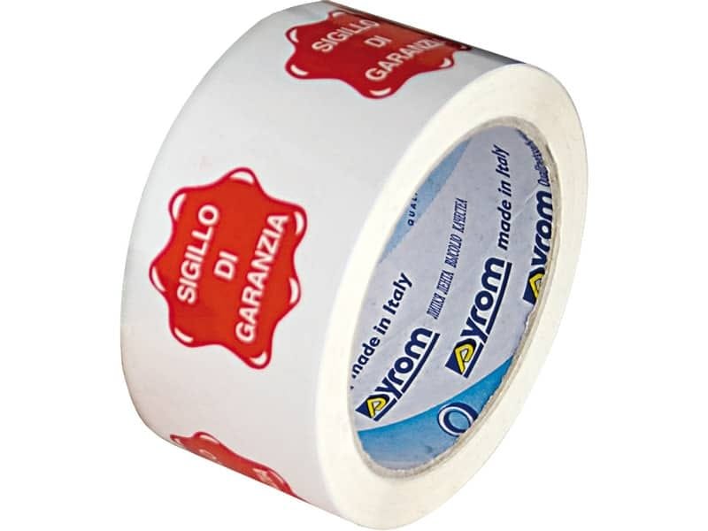 Nastro adesivo da imballo Vinyl SYROM formato 50 mm  x 66 m bianco (stampa rossa ”sigillo di garanzia”) – 508-521