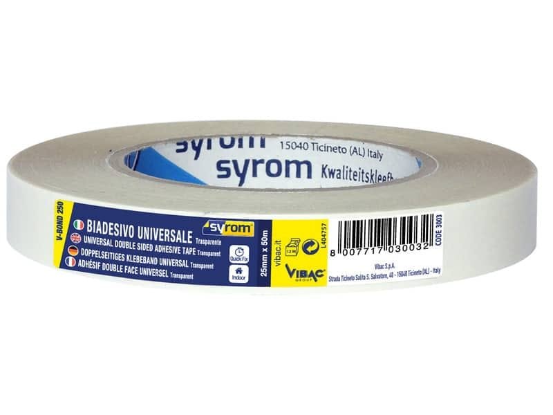 Nastro biadesivo D.F.PLP 250 SYROM formato 25 mm x 50 m – materiale ppl trasparente – 3003