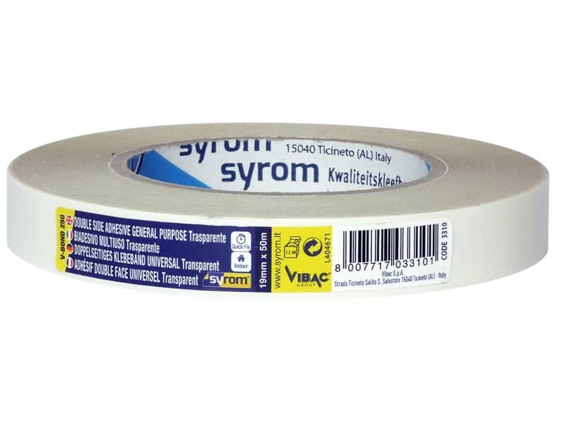 Nastro biadesivo D.F.PLP 250 SYROM formato 19 mm x 50 m – materiale ppl trasparente – 3310