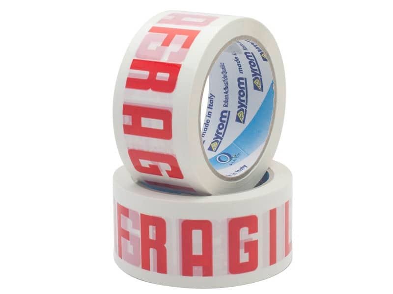 Nastro adesivo da imballo Vinyl SYROM formato 50 mm x 66 m – pvc bianco (stampa rossa ”fragile”) – 508-261