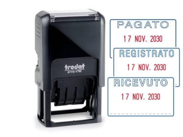 Datario con testo PAGATO TRODAT PRINTY ECO 4750/L2 in plastica 41x24 mm blu-rosso - 141062