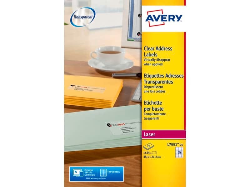 Etichette poliestere trasparenti lucide AVERY QuickPEEL? 38,1×21,2 mm – 65 et/foglio – laser conf. 25 ff L7551-25