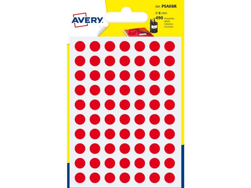 Etichette rotonde colorate AVERY rosso  8 mm – 70 et/foglio – scrivibili a mano – bustina da 7 fogli – PSA08R