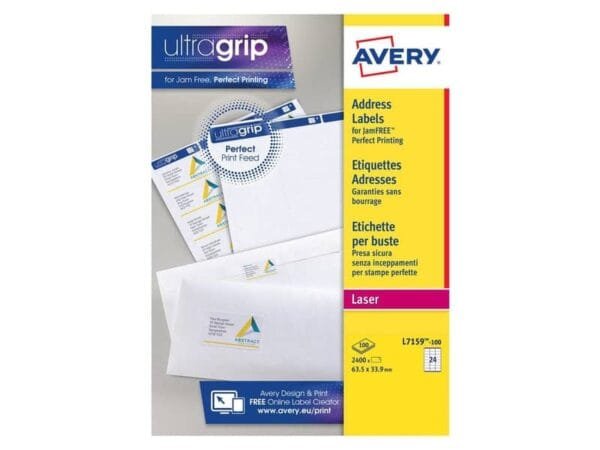 Etichette bianche per indirizzi AVERY Ultragrip? 63,5x33,9 mm - 24 et/foglio - stampanti laser cf. 100 fogli L7159-100