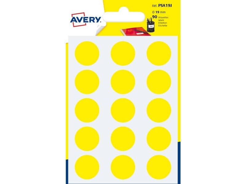 Etichette rotonde colorate AVERY giallo  19 mm – 15 et/foglio – scrivibili a mano – bustina da 6 fogli – PSA19J