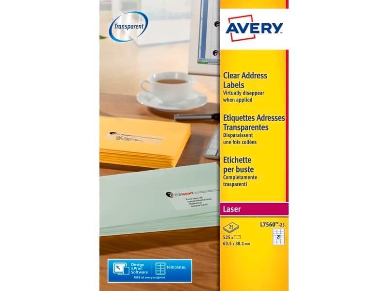 Etichette poliestere trasparenti lucide AVERY QuickPEEL? 63,5×38,1 mm – 21 et/foglio – laser conf. 25 ff L7560-25