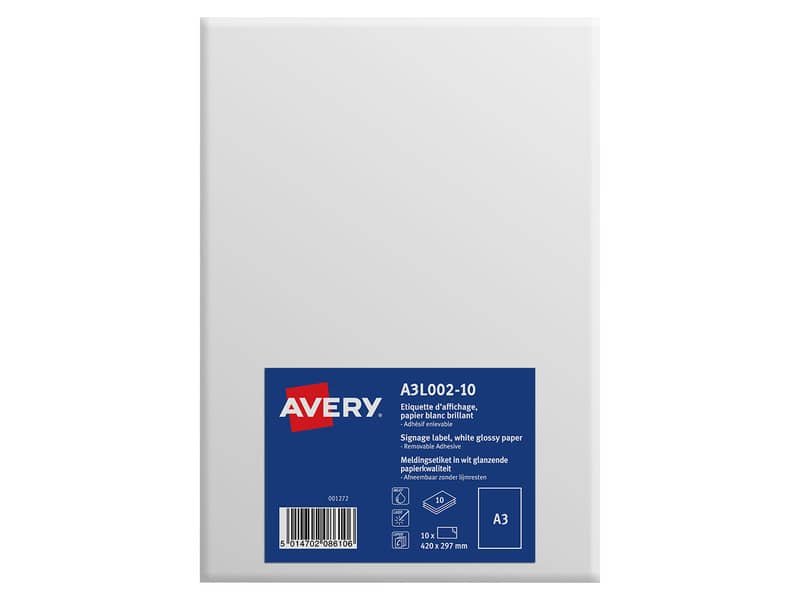 Etichette bianche rimovibili in carta patinata Avery A3 finitura lucida – 1 et/foglio – conf. 10 fogli – A3L002-10