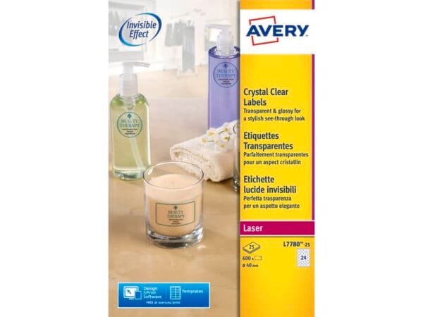Etichette poliestere trasparenti lucide AVERY QuickPEEL? tonde  40 mm - 24 et/foglio - laser conf. 25 ff L7780-25