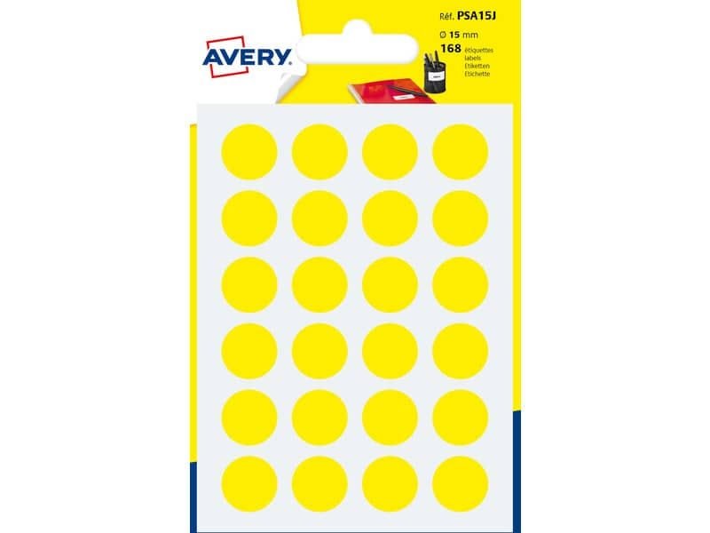 Etichette rotonde colorate AVERY giallo  15 mm – 24 et/foglio – scrivibili a mano – bustina da 7 fogli – PSA15J