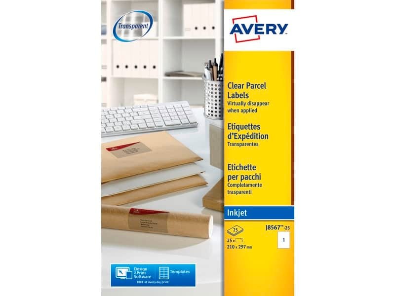 Etichette poliestere trasparenti opache AVERY QuickPEEL? 210×297 mm – 1 et/foglio – inkjet conf. 25 ff J8567-25