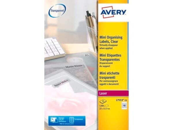 Etichette poliestere trasparenti lucide AVERY QuickPEEL? 22x12,7 mm - 48 et/foglio - laser conf. 25 ff L7553-25