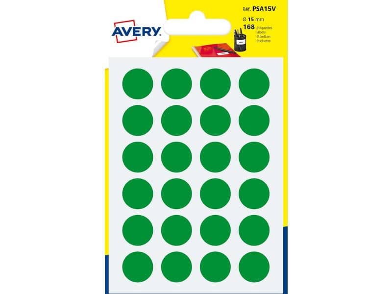 Etichette rotonde colorate AVERY verde  15 mm – 24 et/foglio – scrivibili a mano – bustina da 7 fogli – PSA15V