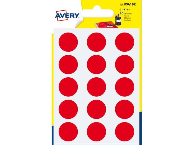 Etichette rotonde colorate AVERY rosso  19 mm – 15 et/foglio – scrivibili a mano – bustina da 6 fogli – PSA19R