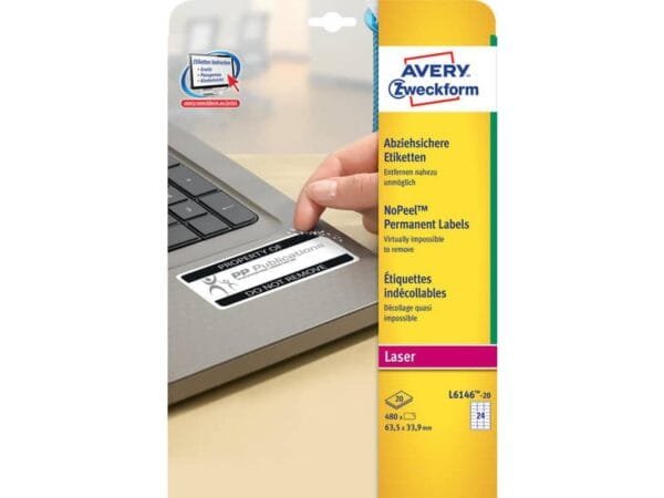 Etichette bianche antimanomissione Avery et/foglio per laser - cf. 20 ff L6146-20