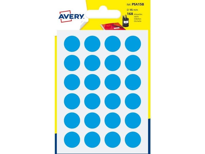 Etichette rotonde colorate AVERY blu  15 mm – 24 et/foglio – scrivibili a mano – bustina da 7 fogli – PSA15B