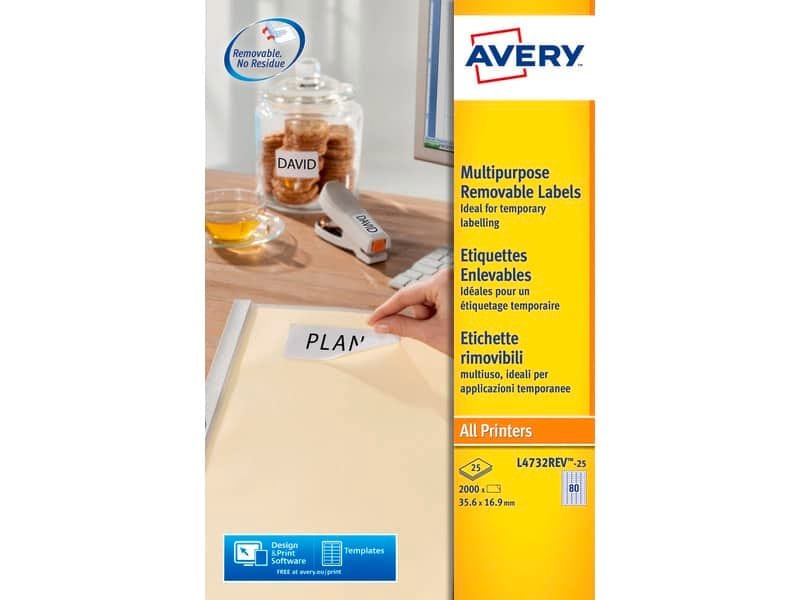 Etichette bianche rimovibili AVERY 35,6×16,9 mm – 80 et/foglio – stampanti laser/inkjet Conf. 25 fogli L4732REV-25