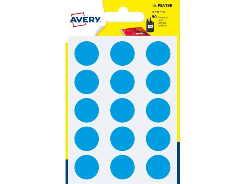 Etichette rotonde colorate AVERY blu  19 mm – 15 et/foglio – scrivibili a mano – bustina da 6 fogli – PSA19B