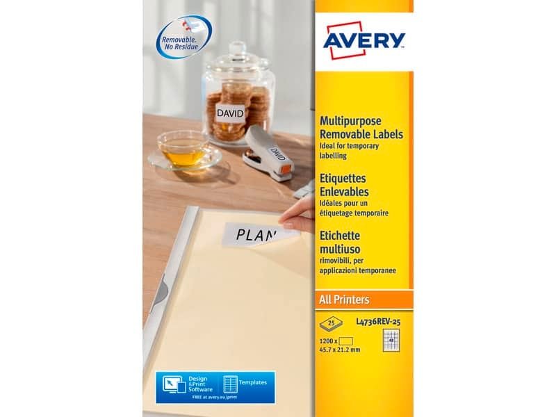 Etichette bianche rimovibili AVERY 45,7×21,2 mm – 48 et/foglio – stampanti laser/inkjet Conf. 25 fogli L4736REV-25