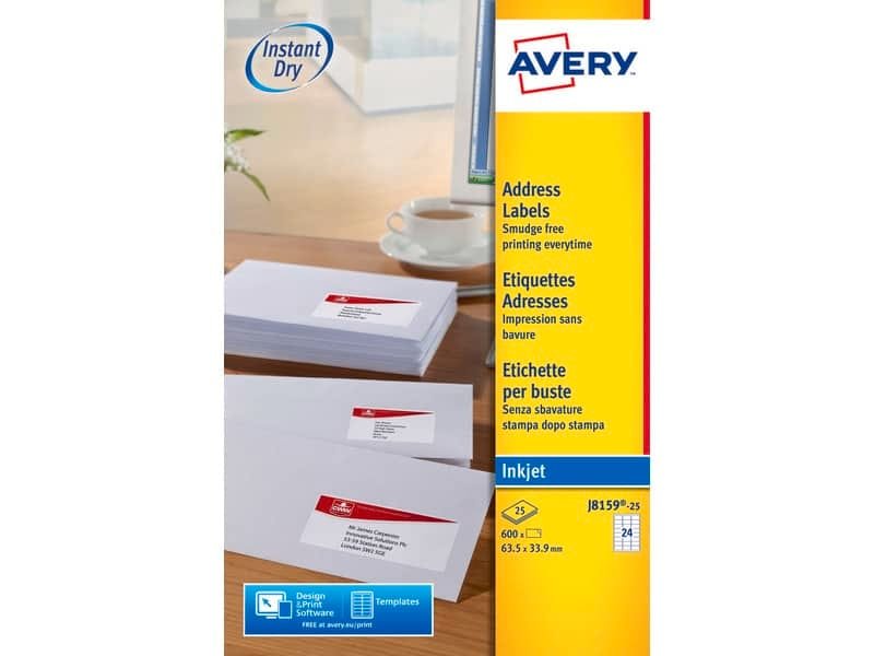 Etichette bianche per buste AVERY QuickDRY? 63,5×33,9 mm – 24 et/foglio – stampanti inkjet – cf. 25 fogli J8159-25