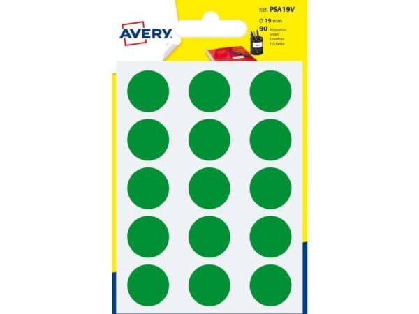 Etichette rotonde colorate AVERY verde  19 mm - 15 et/foglio - scrivibili a mano - bustina da 6 fogli - PSA19V