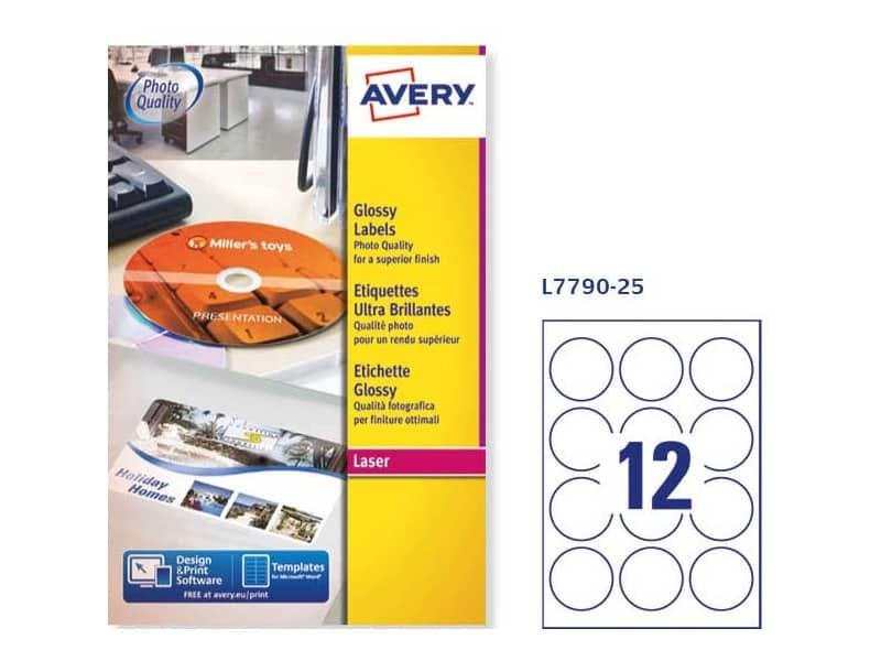 Etichette bianche lucide Avery  60 mm – 12 et./foglio – stampanti laser – conf. 25 fogli – L7790-25