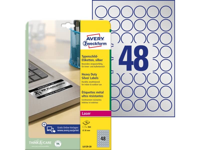 Etichette permanenti poliestere argento Avery  30 mm – 48 et/foglio – laser monocolore – conf. 20 ff L6129-20