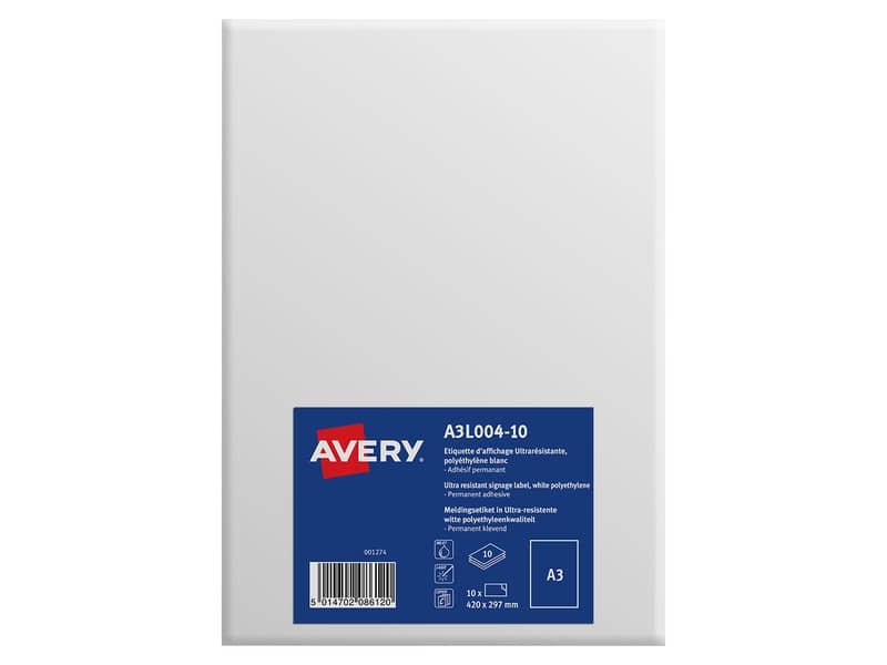 Etichette permanenti polietilene bianco opaco Avery A3 1 et/foglio – stampa digitale – conf. 10 fogli – A3L004-10