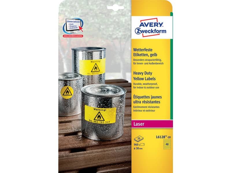 Etichette permanenti poliestere giallo Avery  30 mm – 48 et/foglio – per stampanti laser – cf. 20 fogli L6128-20