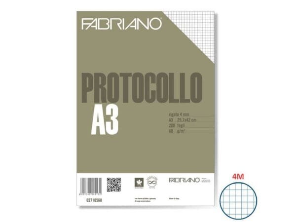 Fogli protocollo Fabriano PROTOCOLLO bianco 60 g/mý 29,7x42 cm quadretti 4 mm conf. da 200 fogli - 02710560