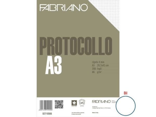 Fogli protocollo Fabriano PROTOCOLLO bianco 66 g/mý 29,7x42 cm quadretti 4 mm conf. da 200 fogli - 02710566
