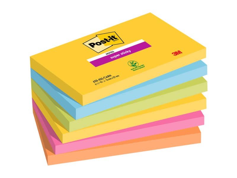 Foglietti riposizionabili Post-it© Super Sticky Rio de Janeiro 76x127mm assortiti conf. 6 blocch. da 90 ff – 655-6SS RIO