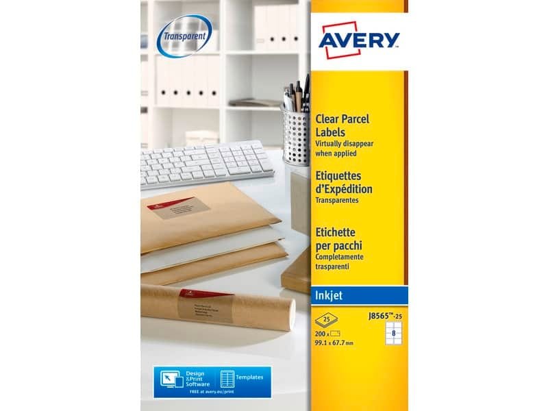 Etichette poliestere trasparenti opache AVERY QuickPEEL? 99,1×67,7 mm – 8 et/foglio – inkjet conf. 25 ff J8565-25