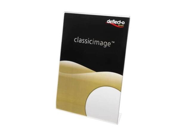 Porta-avvisi deflecto© A5 verticale in polistirene con base a L trasparente 47501