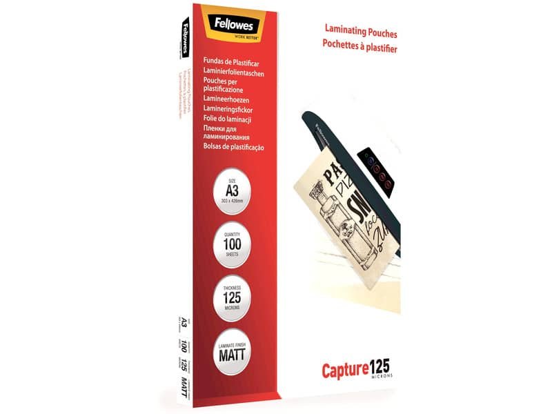 Pouches per plastificatrici Fellowes Standard Capture125 finitura opaca – 2×125 æm – A3 – Conf. 100 pezzi 5328601