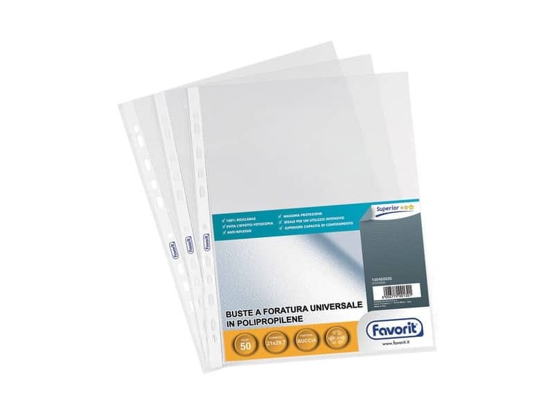 Buste trasp. a foratura universale FAVORIT buccia d’arancia superior 21×29,7 cm  conf. da 50 – 100460026