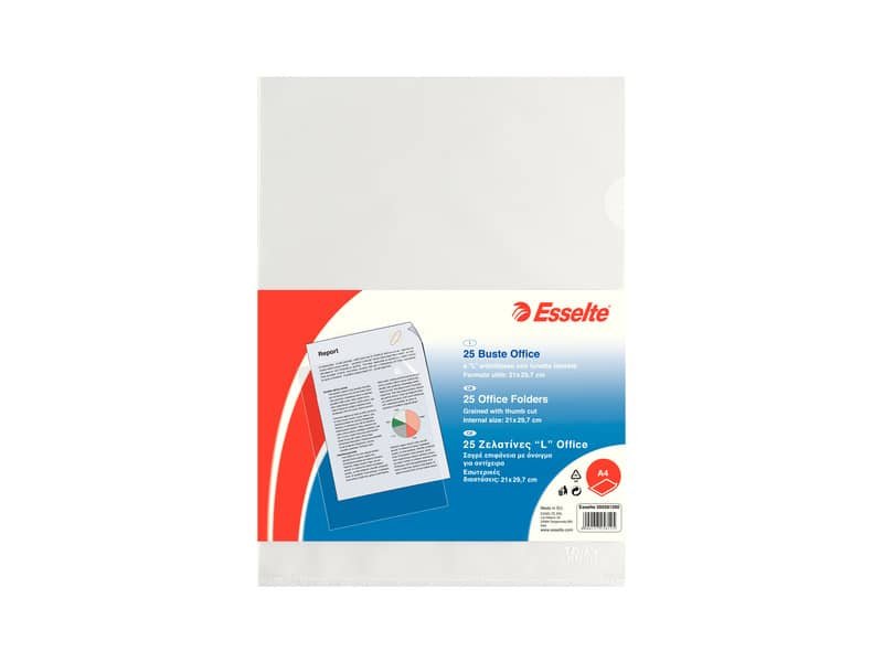 Buste a L non perforate Esselte OFFICE PP antiriflesso trasparente A4 goffrate conf.25 – 392581200